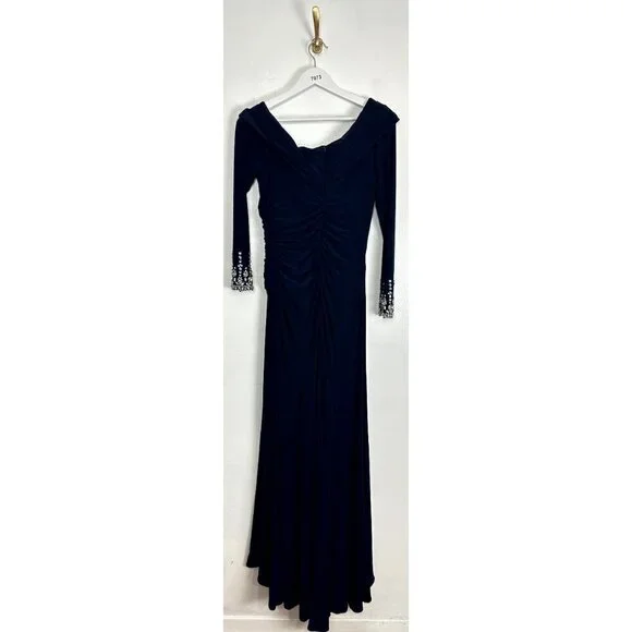 MAC DUGGAL One-Shoulder Long Sleeve Jersey Gown in Midnight Size US 4